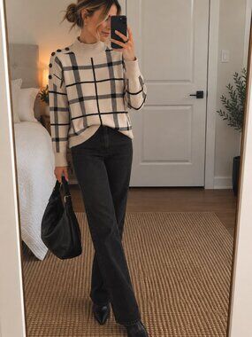 Tahari Plaid Mock Neck Sweater Womens M Button Shoulder Windowpane
